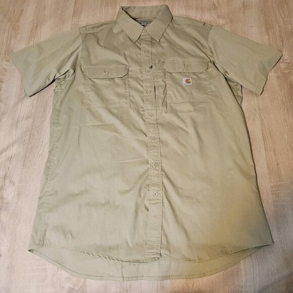 Carhartt Mens Size 2xl Long Khaki Ripstop Button Up Shirt Short Sleeve Vent  ### - Picture 1 of 9